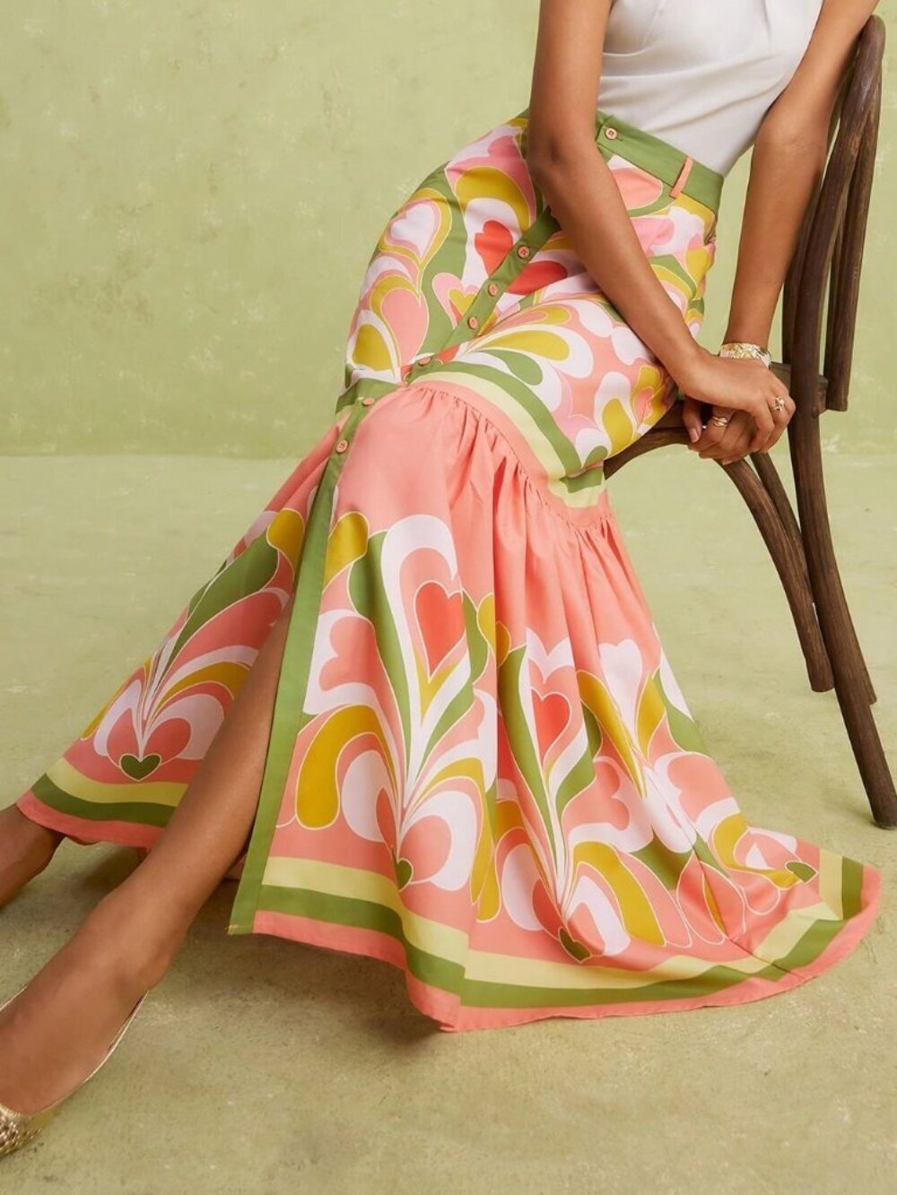 Multicolor Boho Women's Elegant Tea Party Heart Print Front Slit Skirt